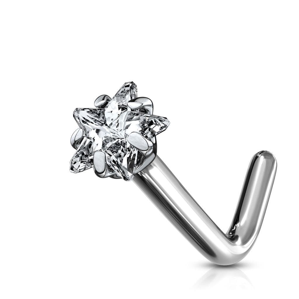 Zahnutý piercing do nosu - titan hvězda, čirý kamínek - náhled 3