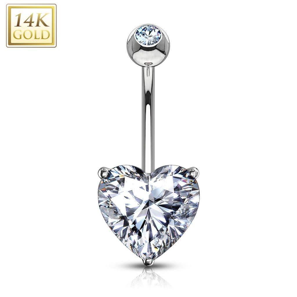 Zlatý piercing do pupíku - srdíčko 8 mm, čirý zirkon, Au 585/1000 - ZL01208C-WG