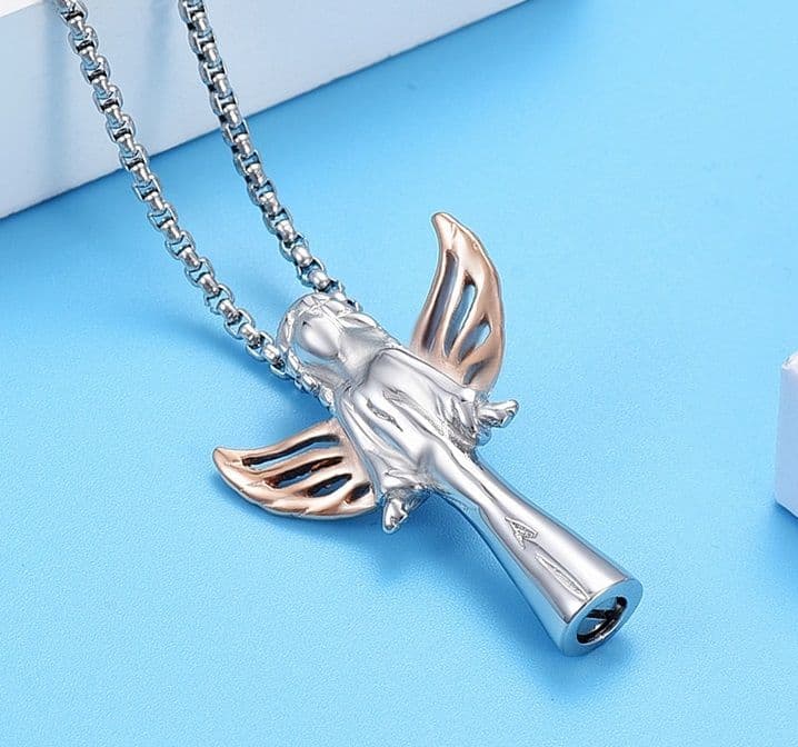 Náhrdelník - pamětní přívěsek, pietní přívěsek, přívěsek na popel anděl ocelový rosegold - náhled 4