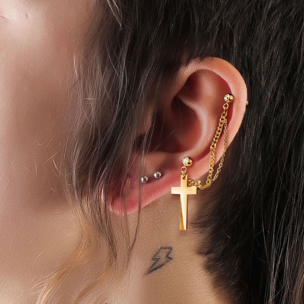 Cartilage piercing do ucha s řetízkem, křížek - náhled 3