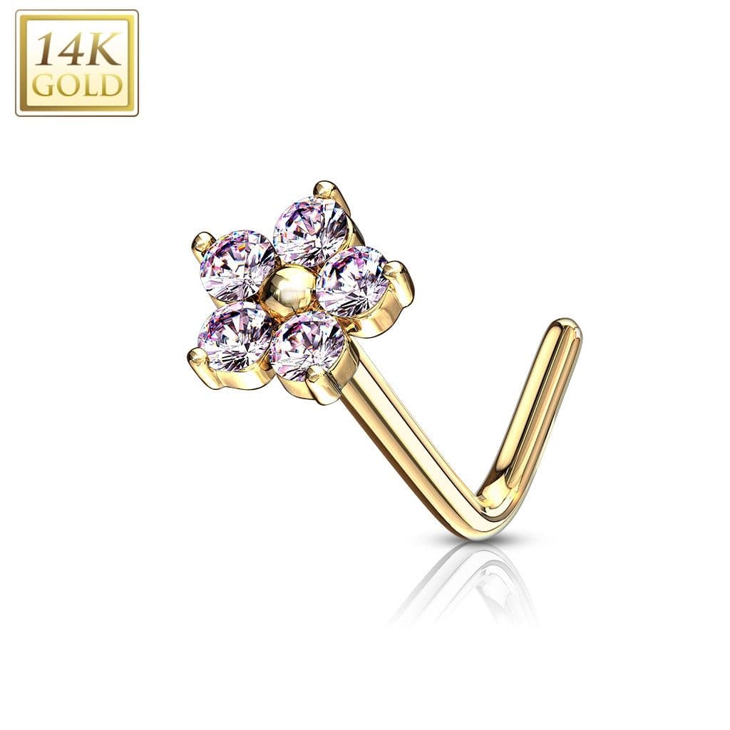 Zlatý piercing do nosu kytička - růžové zirkony, Au 585/1000 - ZL01200P-YG