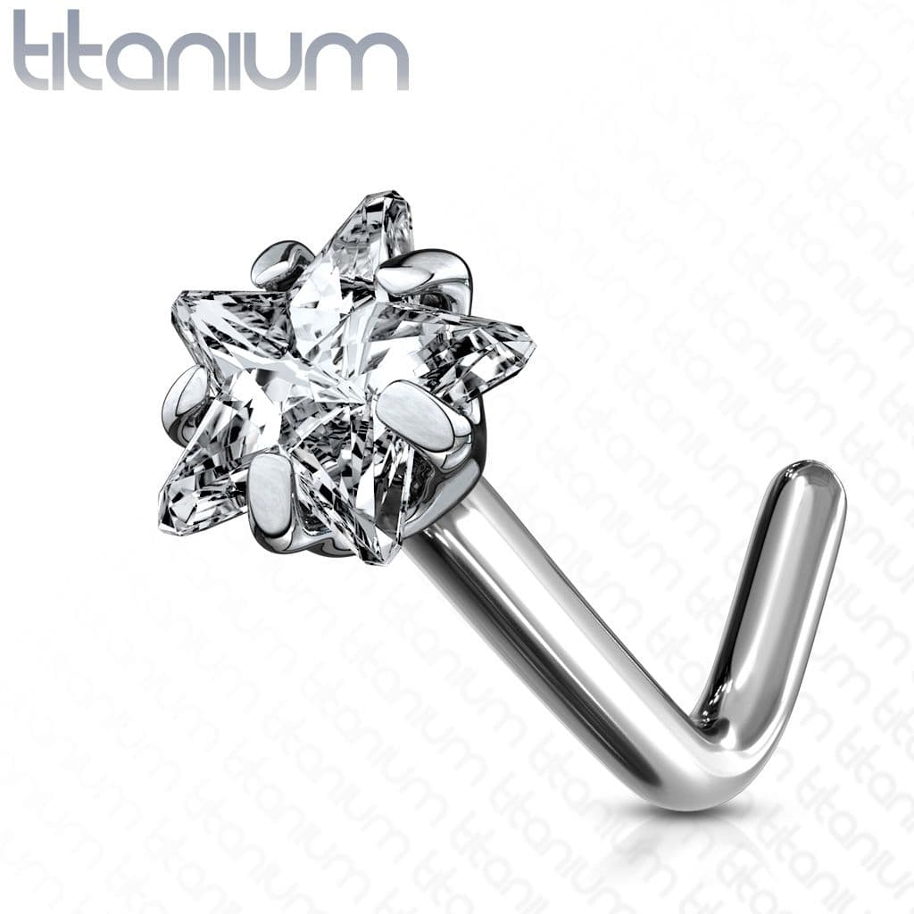 Zahnutý piercing do nosu - titan hvězda, čirý kamínek - náhled 1