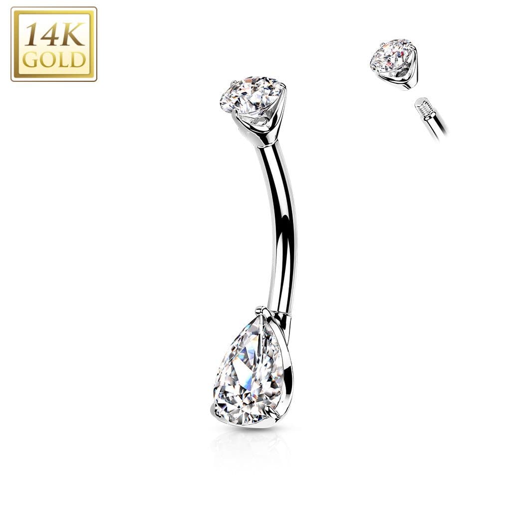 Zlatý piercing do pupíku - zirkon ve tvaru kapky, Au 585/1000 - ZL01226-WG
