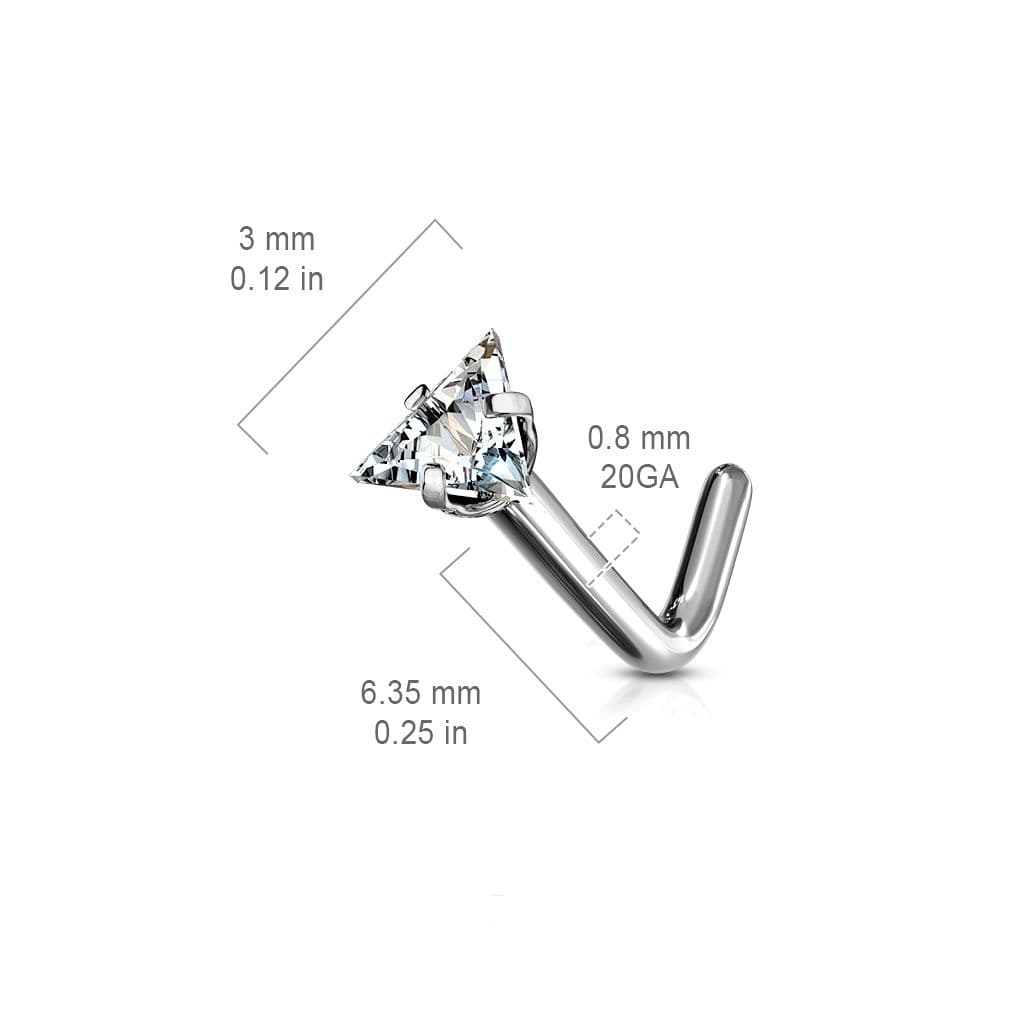 Zahnutý piercing do nosu - titan trojúhelník, čirý kamínek - TIT1043-C - náhled 3