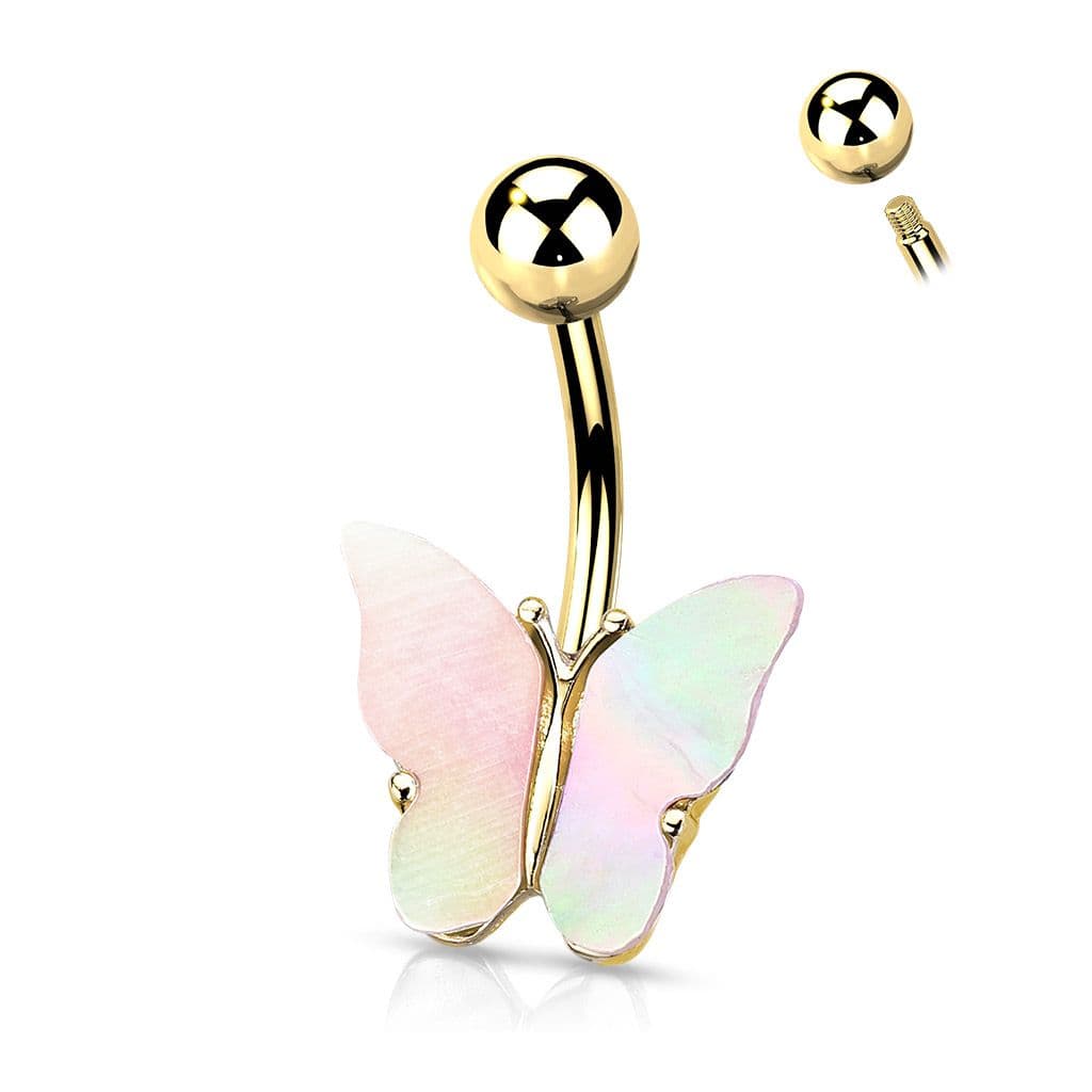 Zlacený piercing do pupíku motýl s perletí - WP01145-02