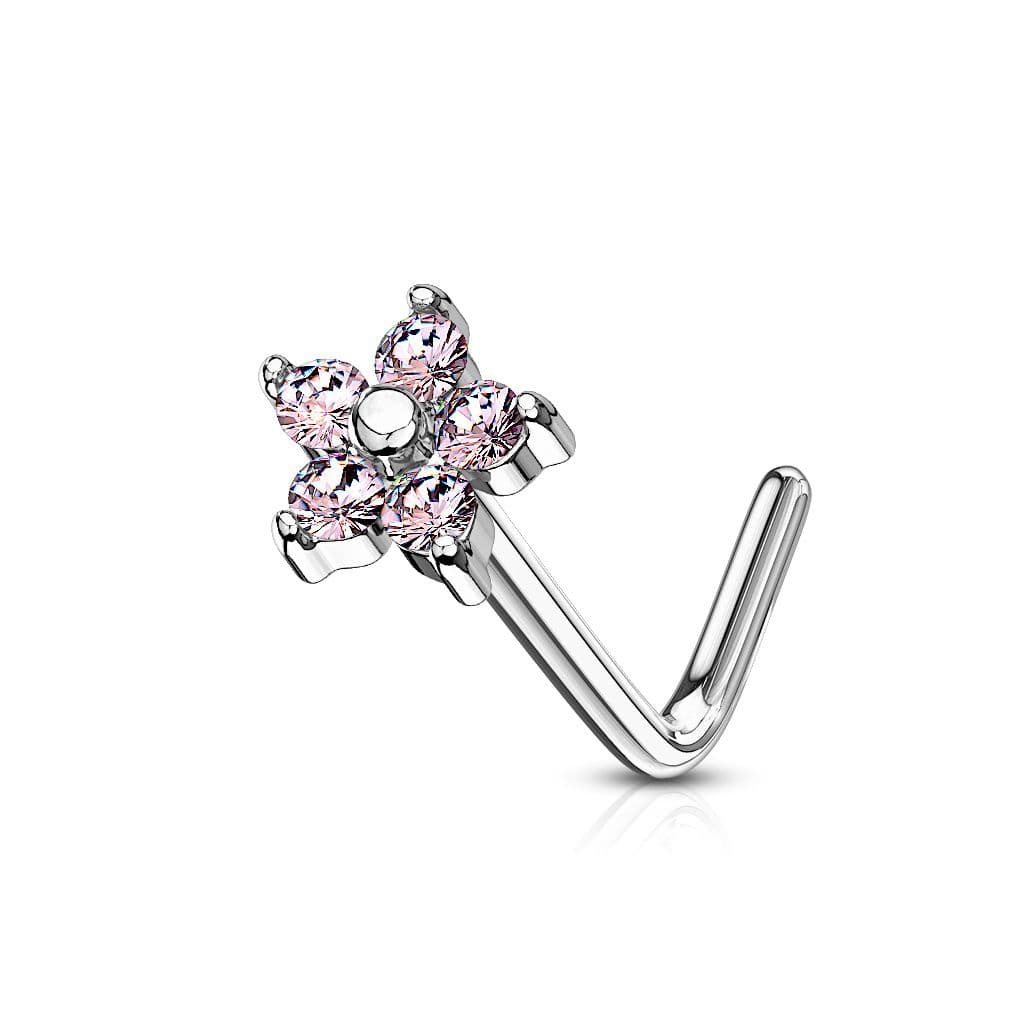 Zahnutý piercing do nosu kytička, růžové kamínky - náhled 1