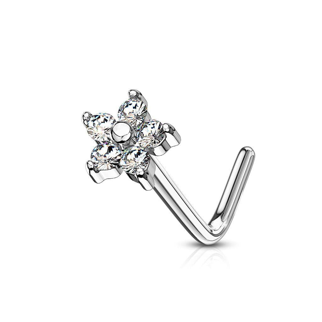 Zahnutý piercing do nosu kytička, čiré kamínky - náhled 1