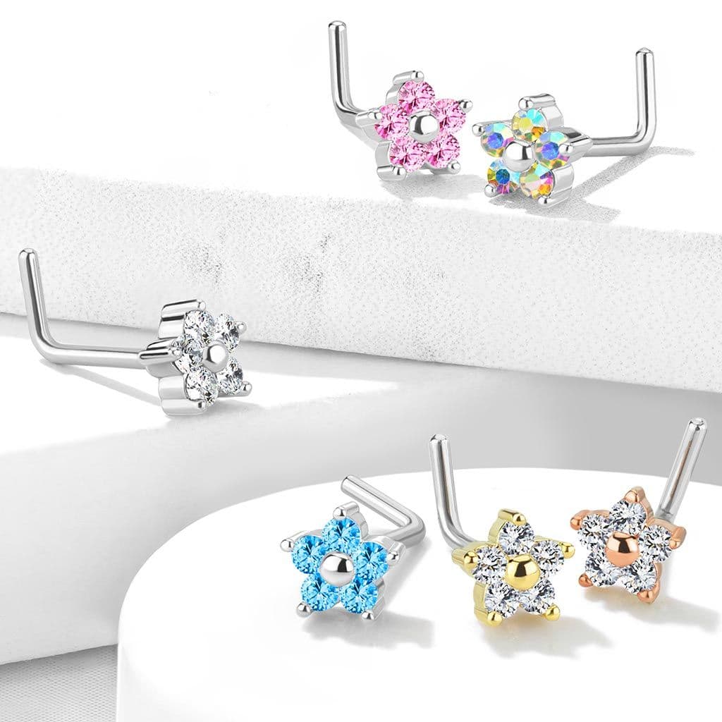 Zahnutý piercing do nosu kytička, čiré kamínky - náhled 5