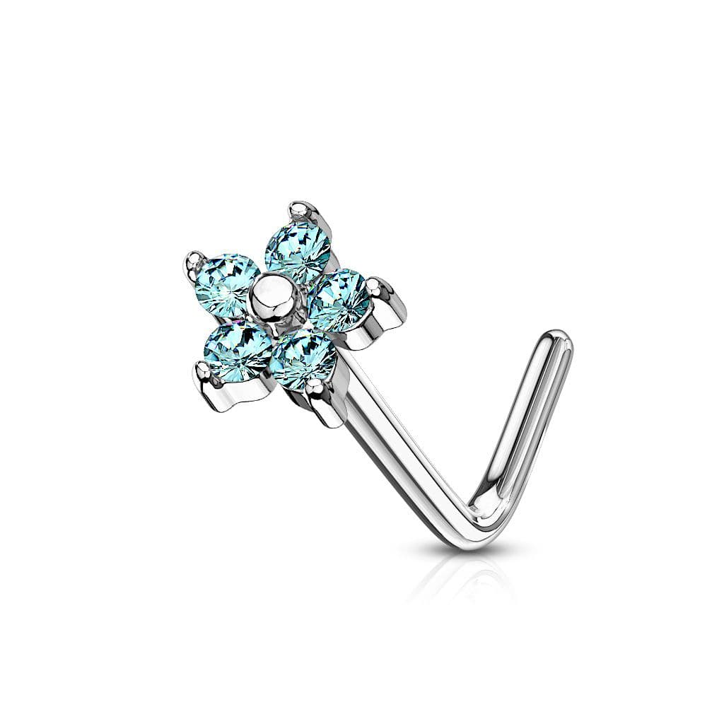 Zahnutý piercing do nosu kytička, tyrkysové kamínky - náhled 1