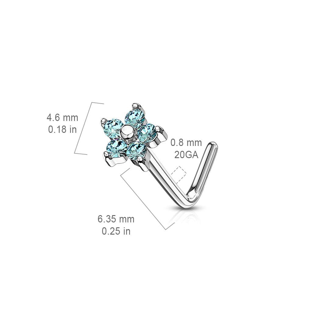 Zahnutý piercing do nosu kytička, tyrkysové kamínky - náhled 5