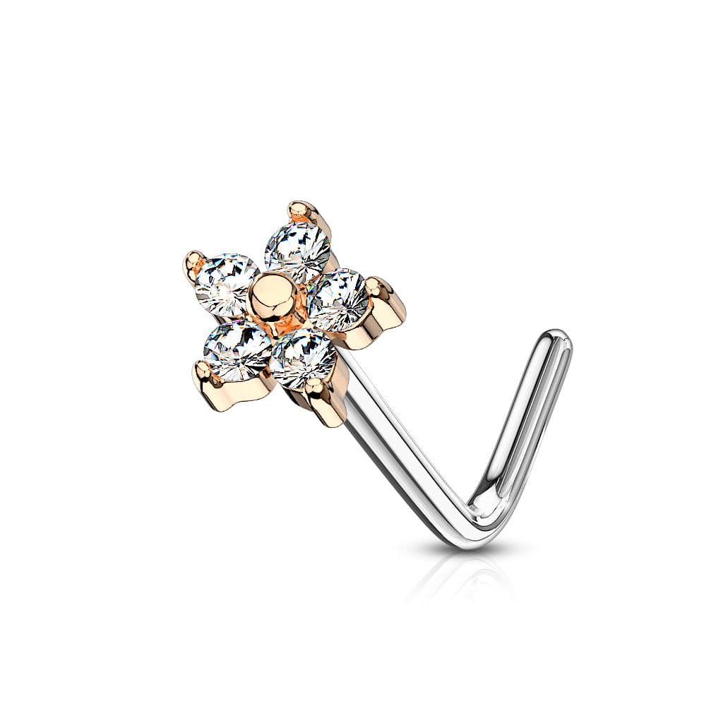 Zlacený zahnutý piercing do nosu kytička, čiré kamínky - N0083-RDC - náhled 1