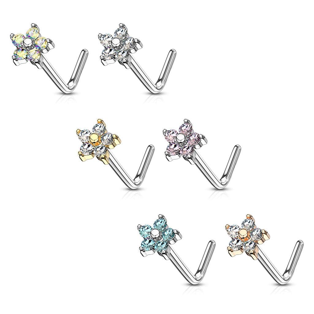 Zlacený zahnutý piercing do nosu kytička, čiré kamínky - N0083-GDC - náhled 3