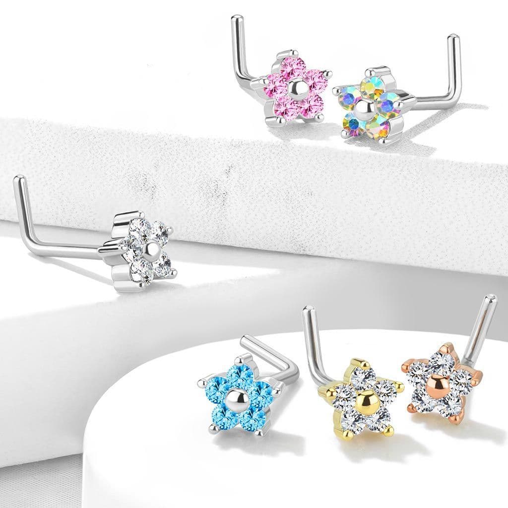 Zahnutý piercing do nosu kytička, duhové kamínky - náhled 4