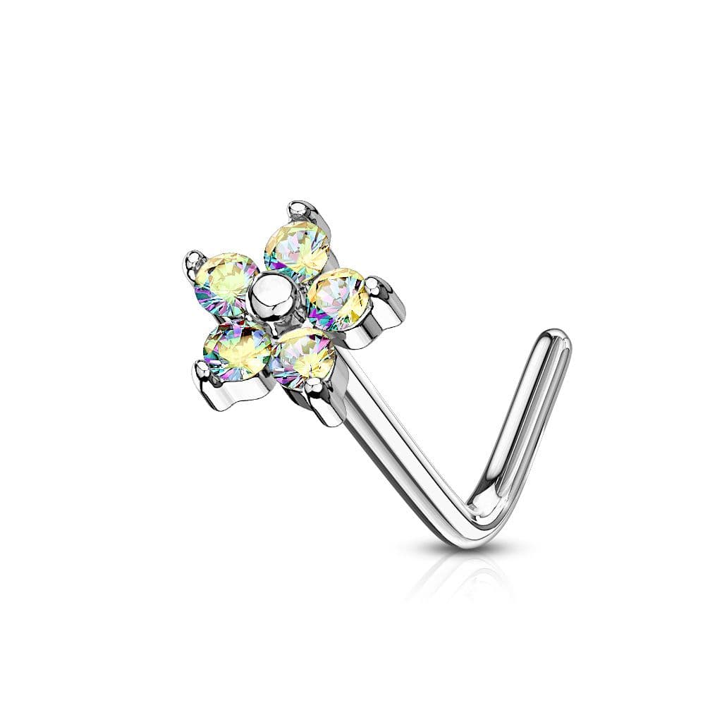 Zahnutý piercing do nosu kytička, duhové kamínky - náhled 1