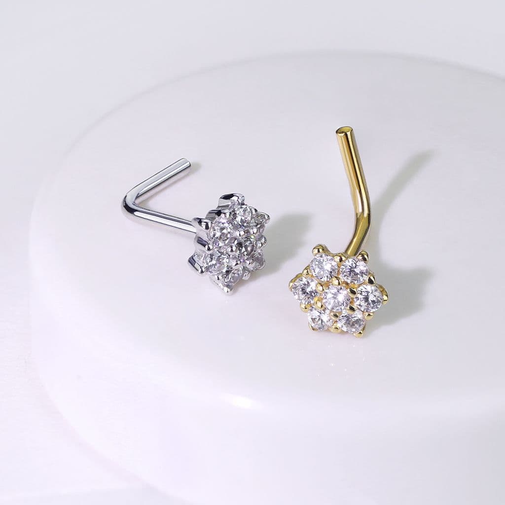 Zlatý piercing do nosu kytička - čiré zirkony, Au 585/1000 - náhled 3