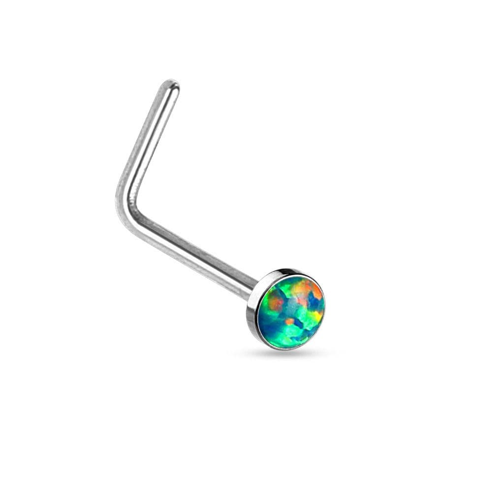 Zahnutý piercing do nosu - zelený opál - N0016-OP02
