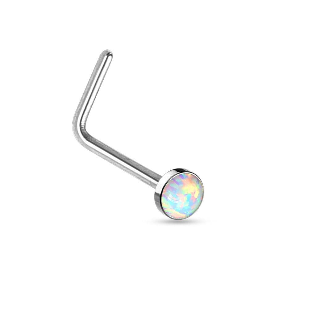 Zahnutý piercing do nosu - bílý opál - N0016-OP17