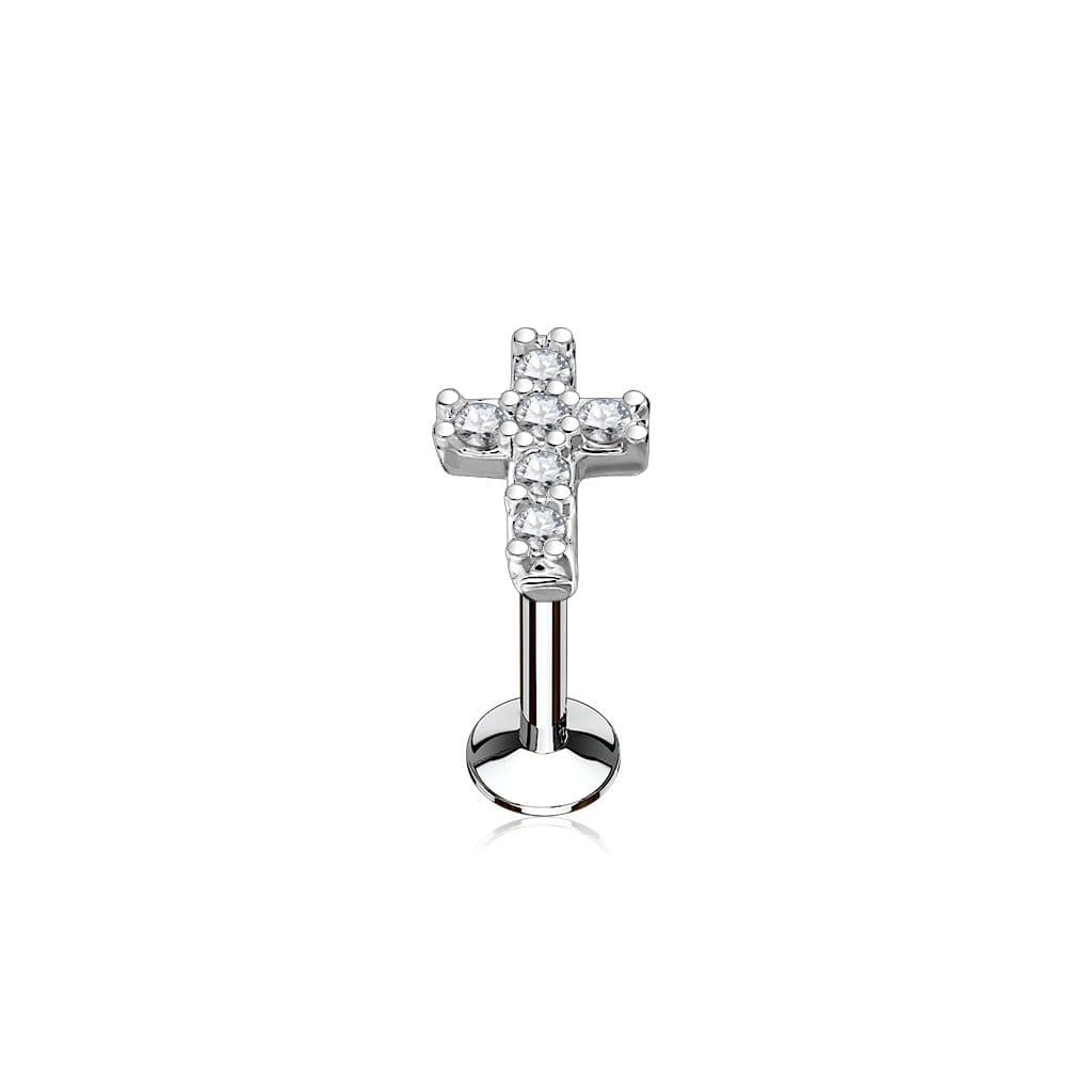 Piercing do brady křížek 1,2 x 6 mm, čiré zirkony - LB0027C-1206