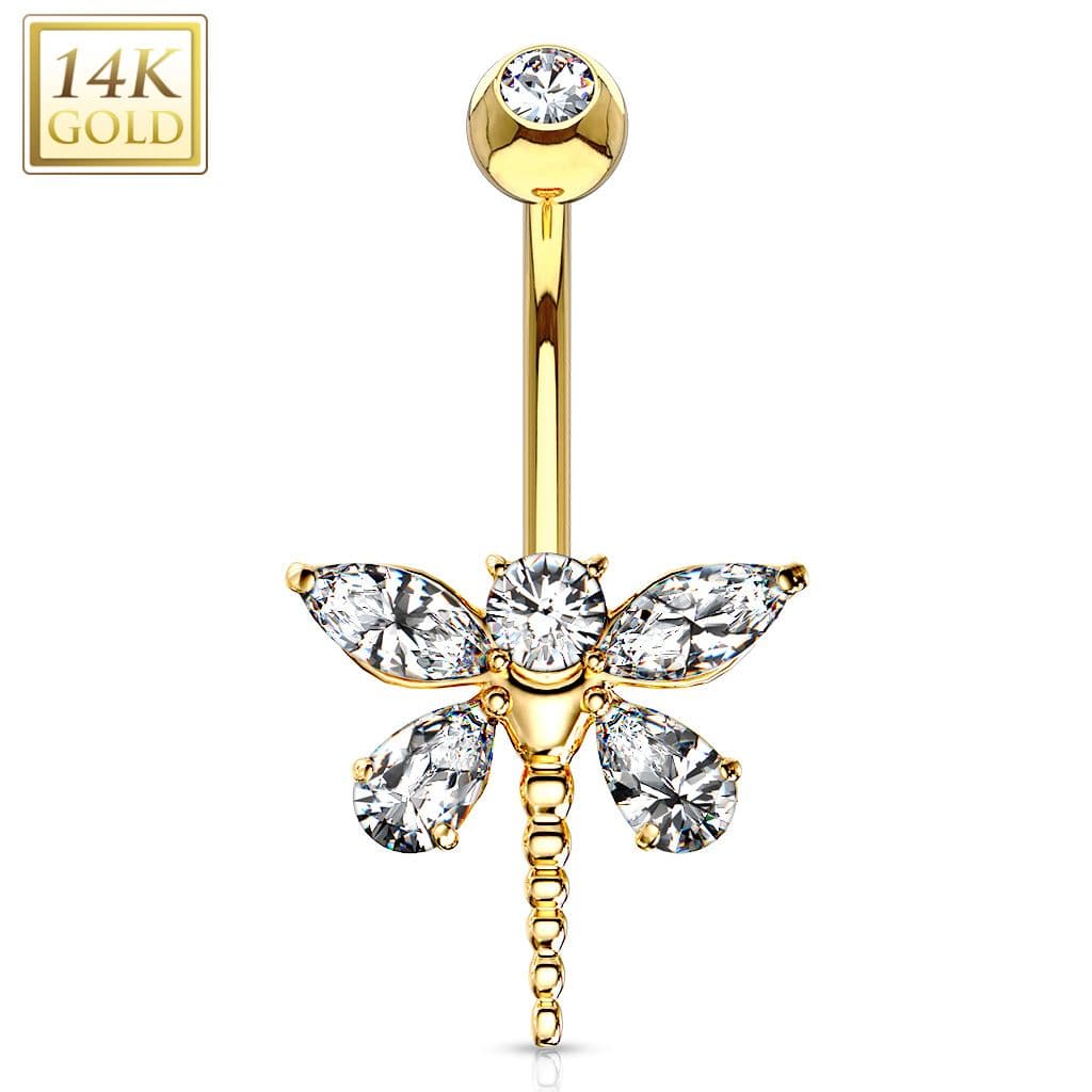 Zlatý piercing do pupíku - vážka, Au 585/1000 - ZL01094-YG