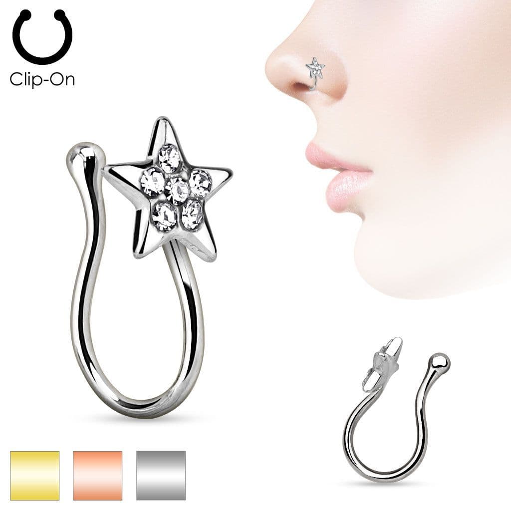 Falešný piercing do nosu hvězdička - klips stříbrný - náhled 2