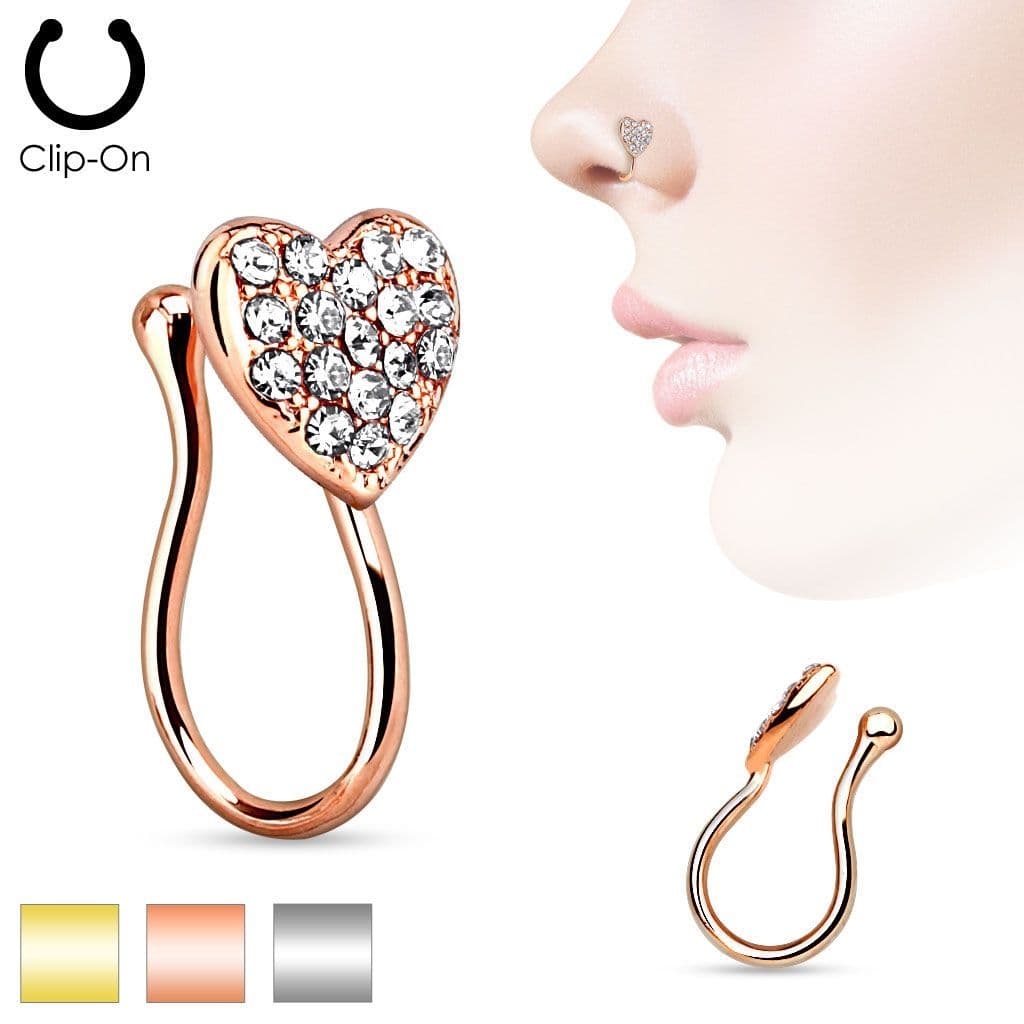 Falešný piercing do nosu srdíčko - klips růžovozlatý - náhled 2
