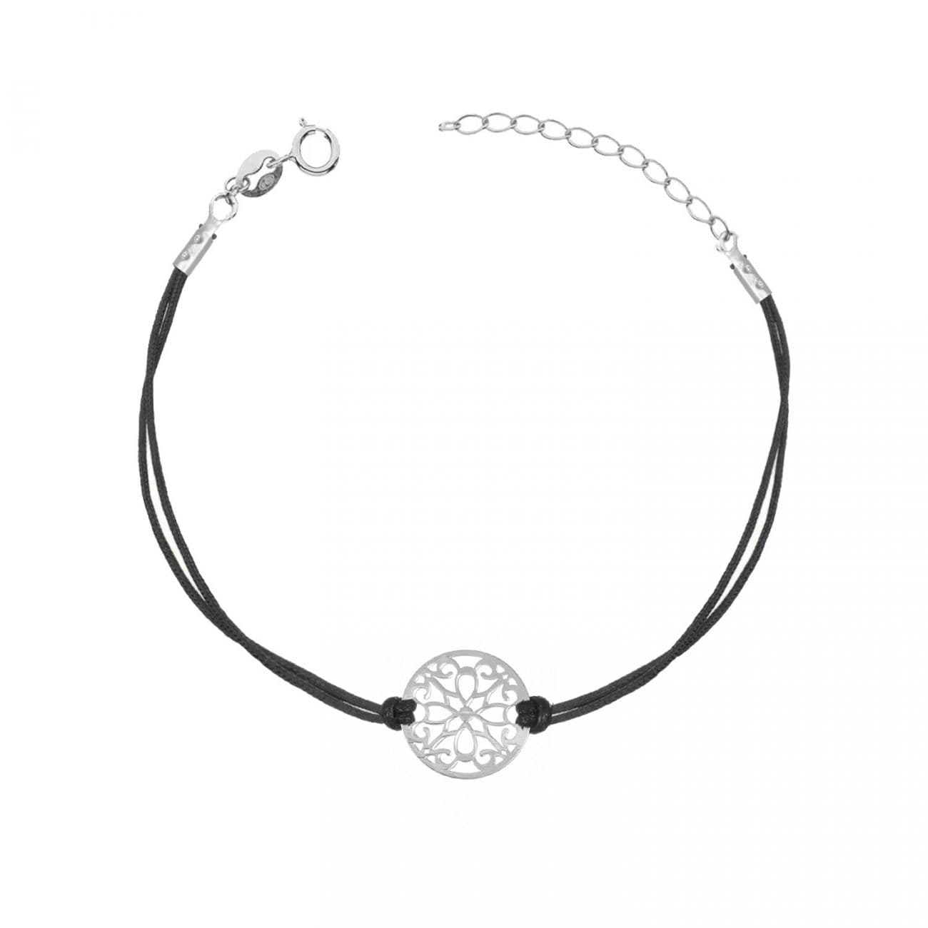 Černý náramek se stříbrným kolečkem s ornamenty - IT0024-K