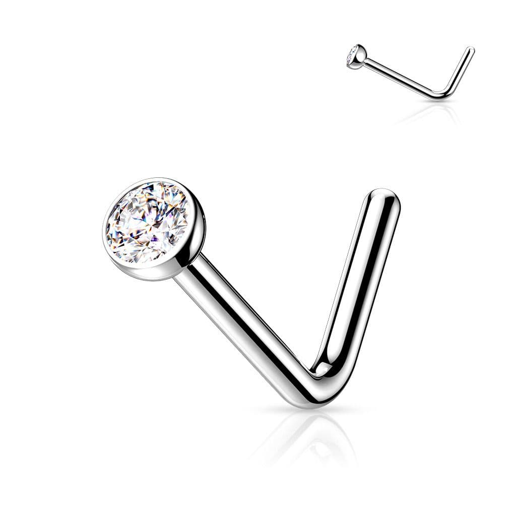 Zahnutý piercing do nosu - titan, 1,5mm čirý kamínek - TIT1027C-015