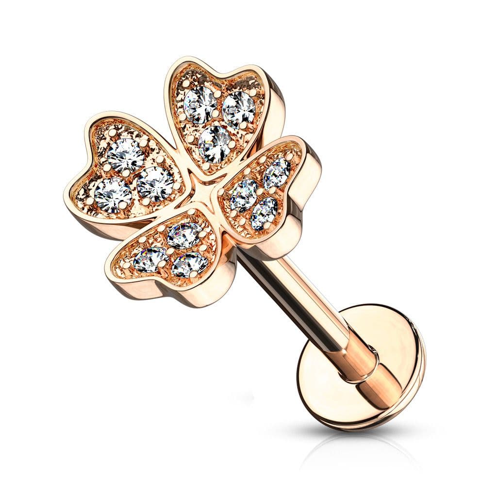 Zlacený piercing do brady - labreta čtyřlístek (1,2 x 6 mm) - LB1081RD-1206