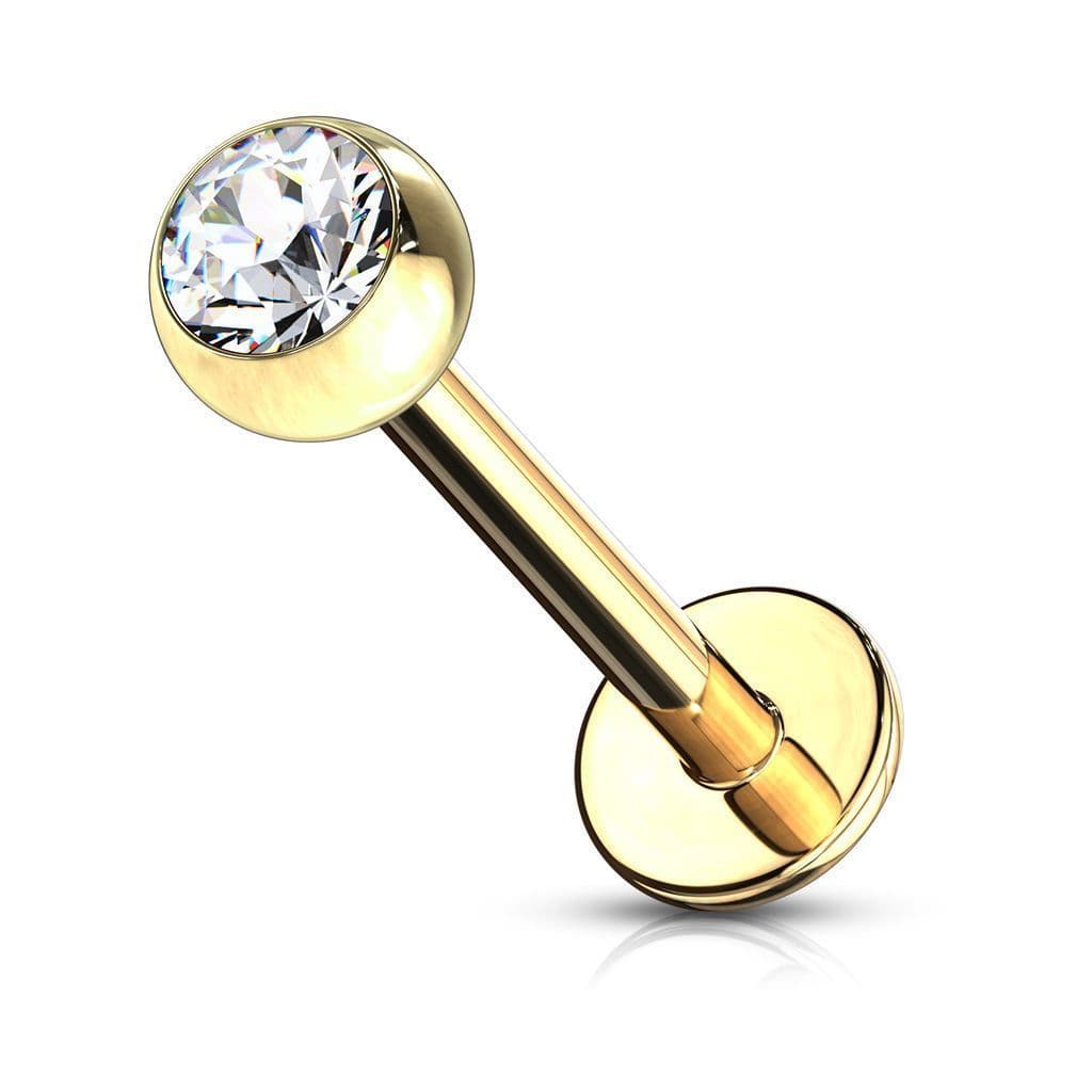 Pozlacený piercing do brady - labreta 1,2 x 10 mm, čirý zirkon