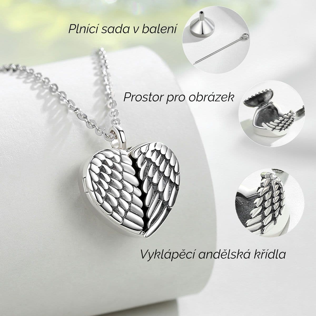 Stříbrný pietní náhrdelník s prostorem pro obrázek - Andělské srdce - náhled 2