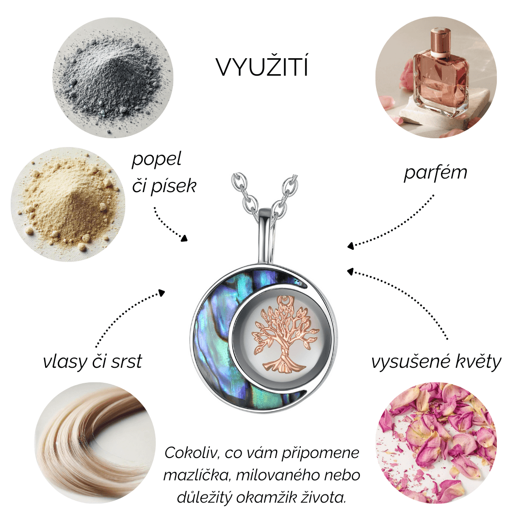 Stříbrný pietní náhrdelník - Strom života ve tvaru měsíce vykládaný perletí - náhled 5