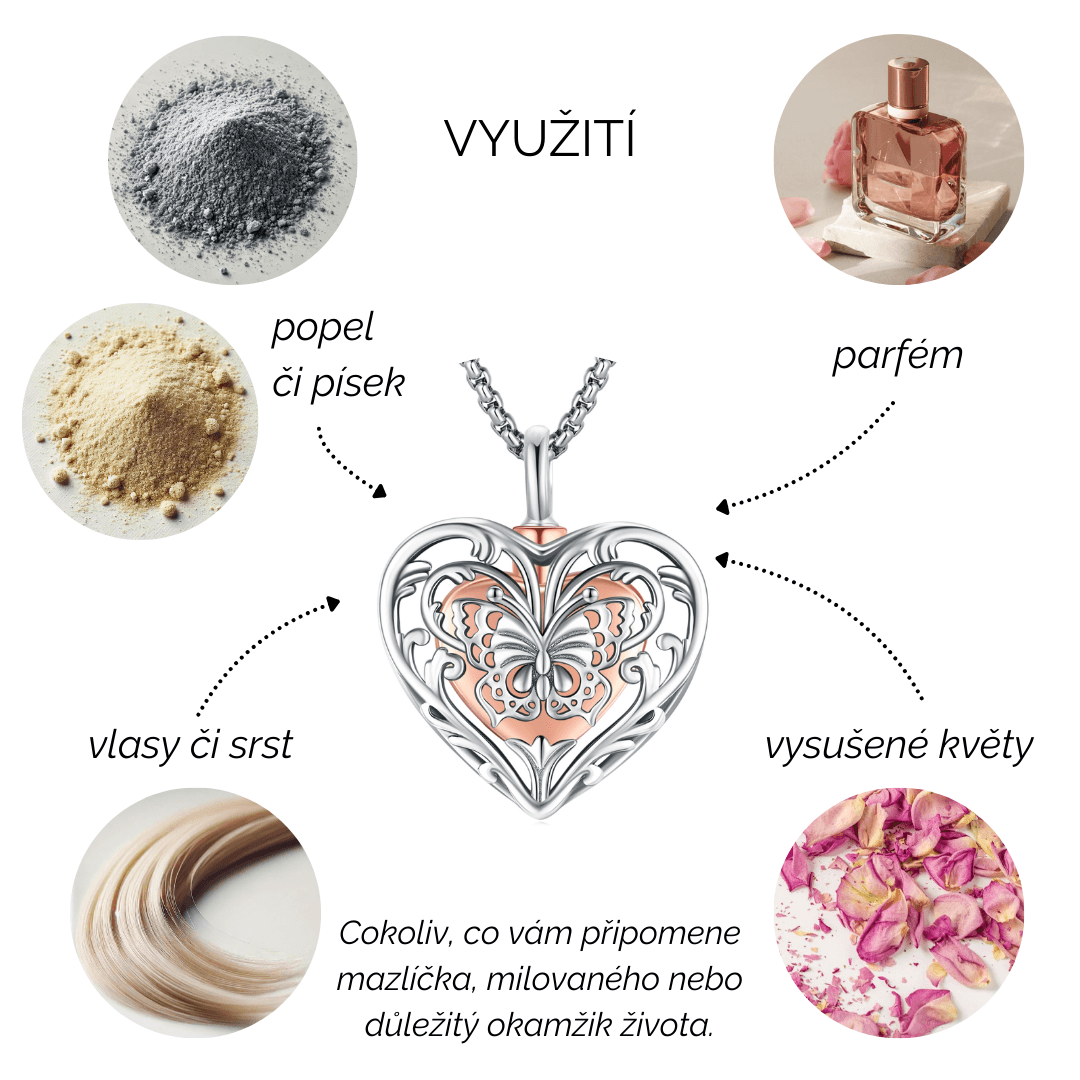 Stříbrný pietní náhrdelník - Srdce s růží a motýlem - náhled 5