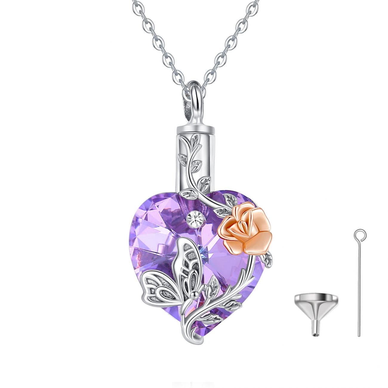 Stříbrný pietní náhrdelník - Fialové Swarovski srdce s růží a motýlem - náhled 2