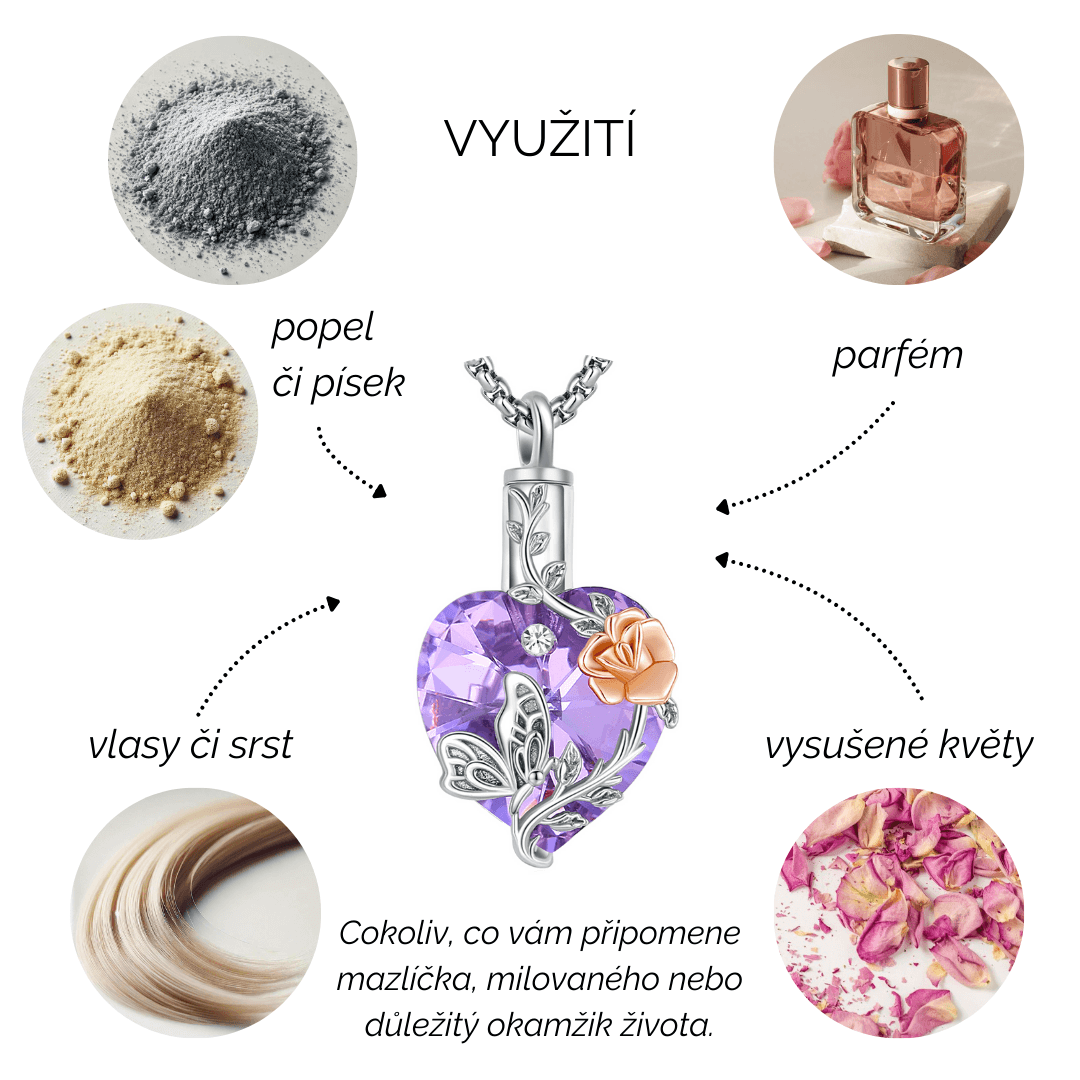 Stříbrný pietní náhrdelník - Fialové Swarovski srdce s růží a motýlem - náhled 3