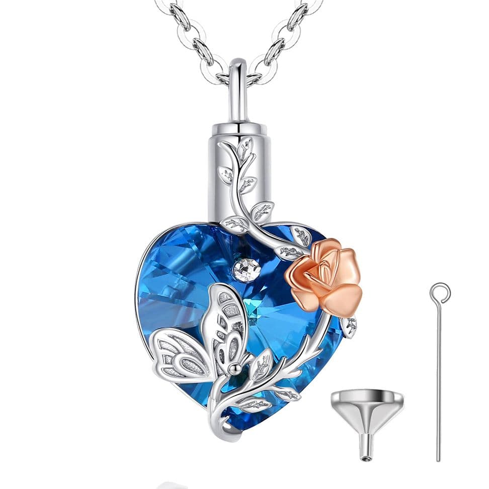 Stříbrný pietní náhrdelník - Modré Swarovski srdce s růží a motýlem - náhled 5