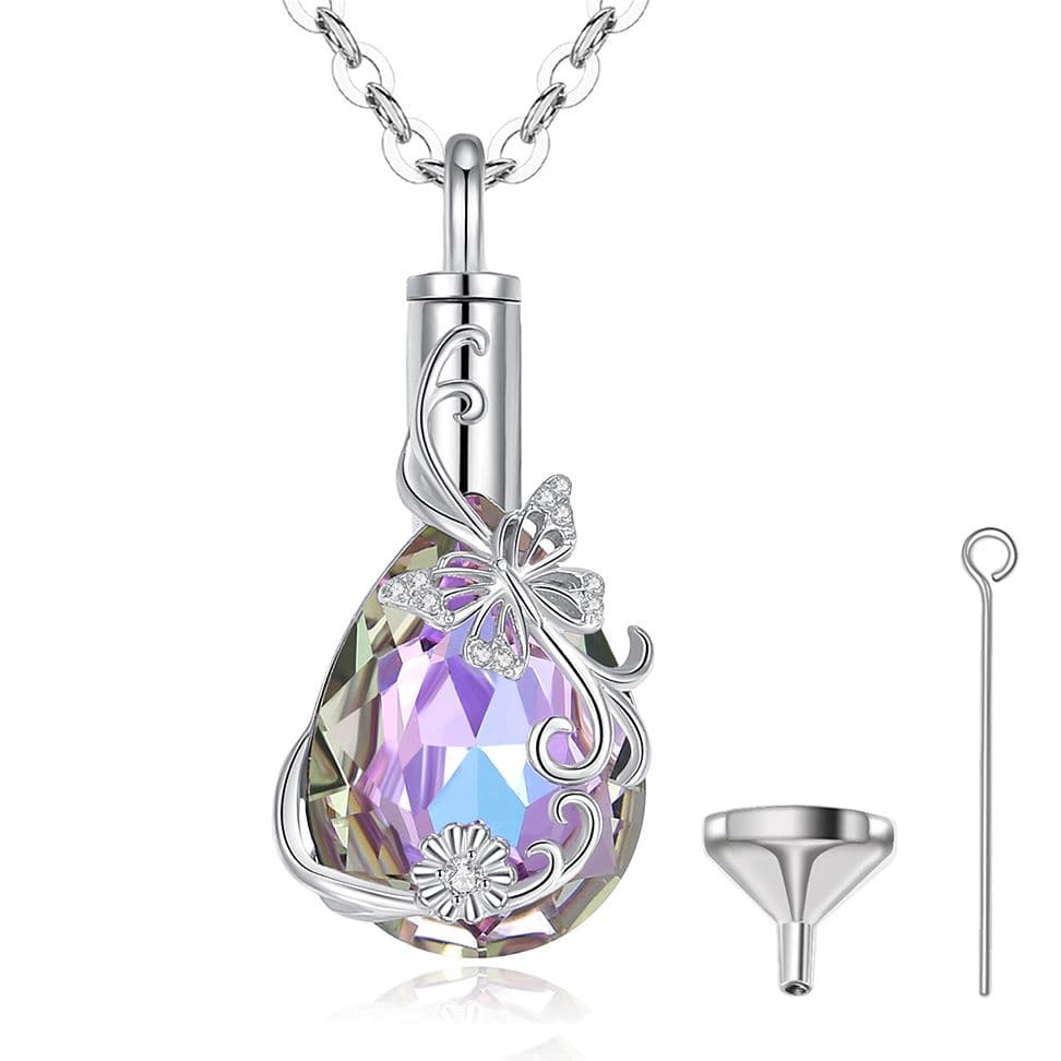 Stříbrný pietní náhrdelník - Fialová Swarovski kapka s motýlem a květem - náhled 2