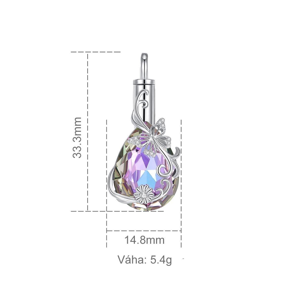 Stříbrný pietní náhrdelník - Fialová Swarovski kapka s motýlem a květem - náhled 3