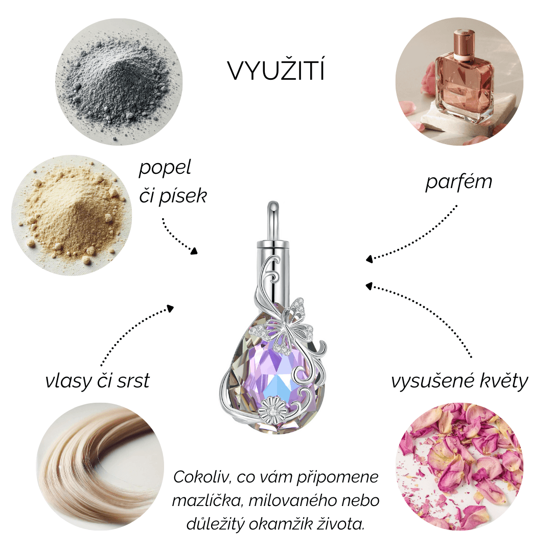 Stříbrný pietní náhrdelník - Fialová Swarovski kapka s motýlem a květem - náhled 4