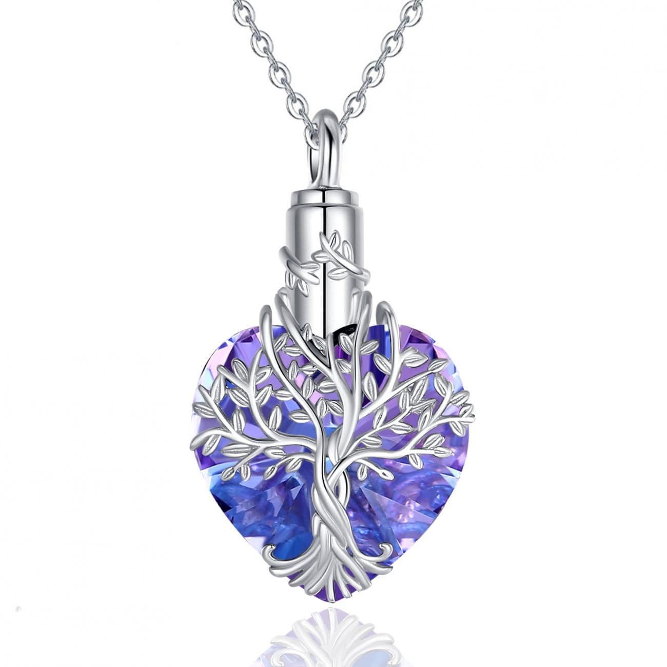 Stříbrný pietní náhrdelník - Fialové Swarovski srdce s motivem stromu života - náhled 1