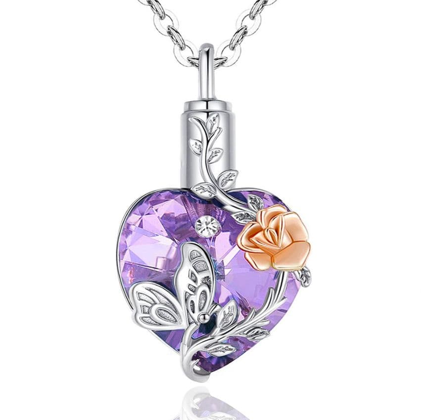Stříbrný pietní náhrdelník - Fialové Swarovski srdce s růží a motýlem - náhled 1