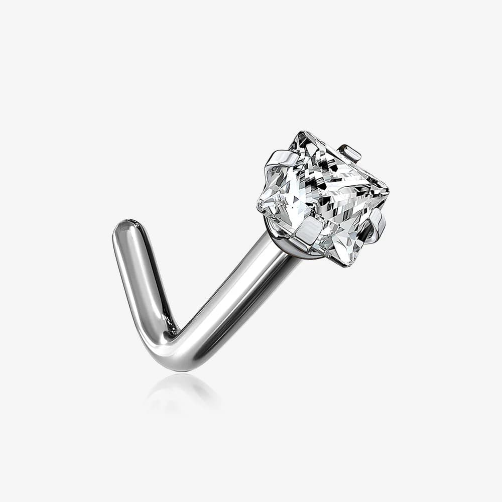 Zahnutý piercing do nosu - titan, čirý kamínek