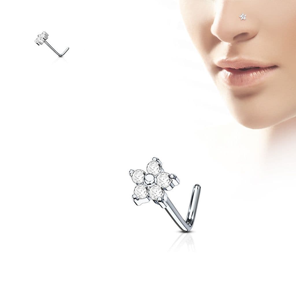 Zahnutý piercing do nosu kytička, čiré kamínky - náhled 2