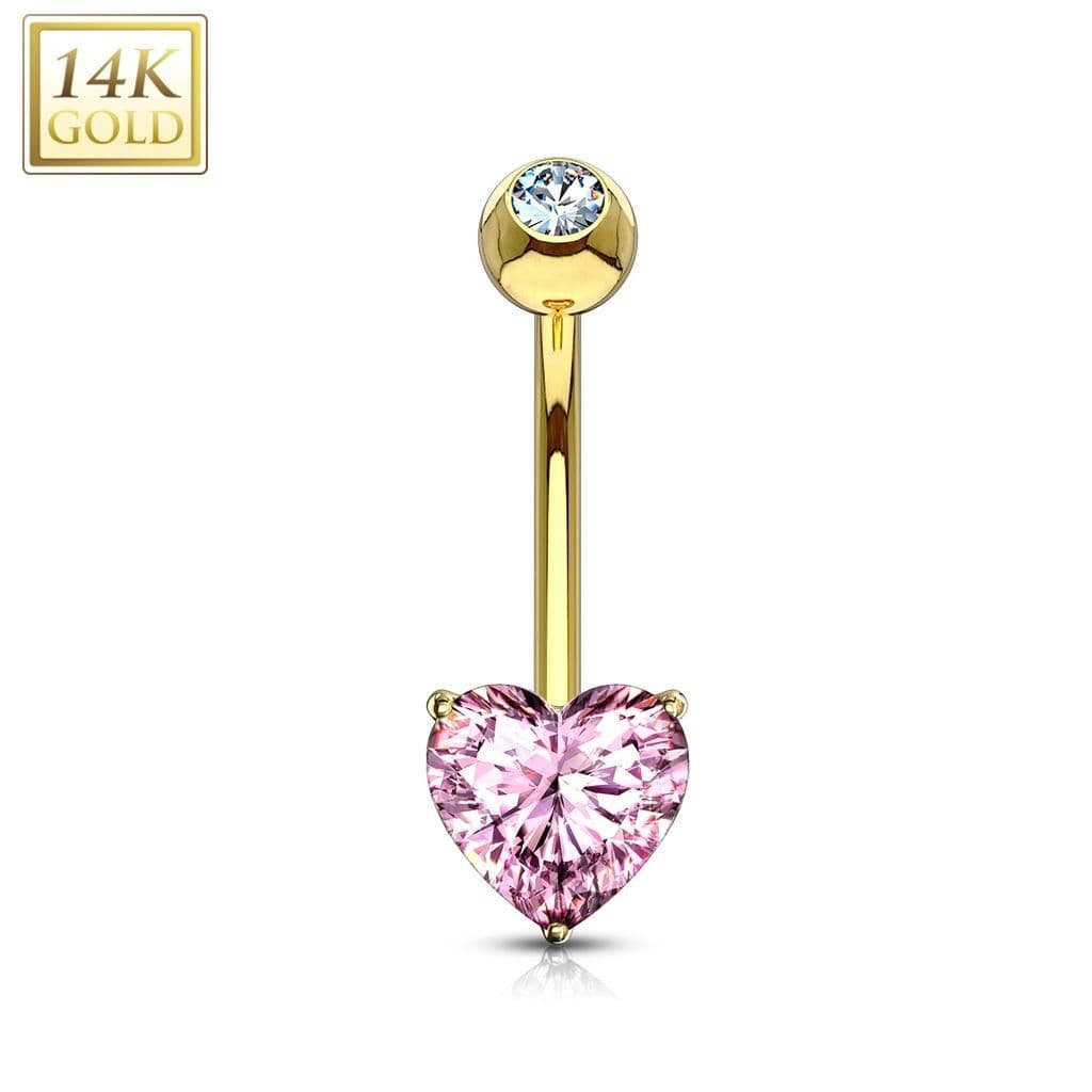 Zlatý piercing do pupíku - srdíčko, růžový zirkon, Au 585/1000 - ZL01087P-YG