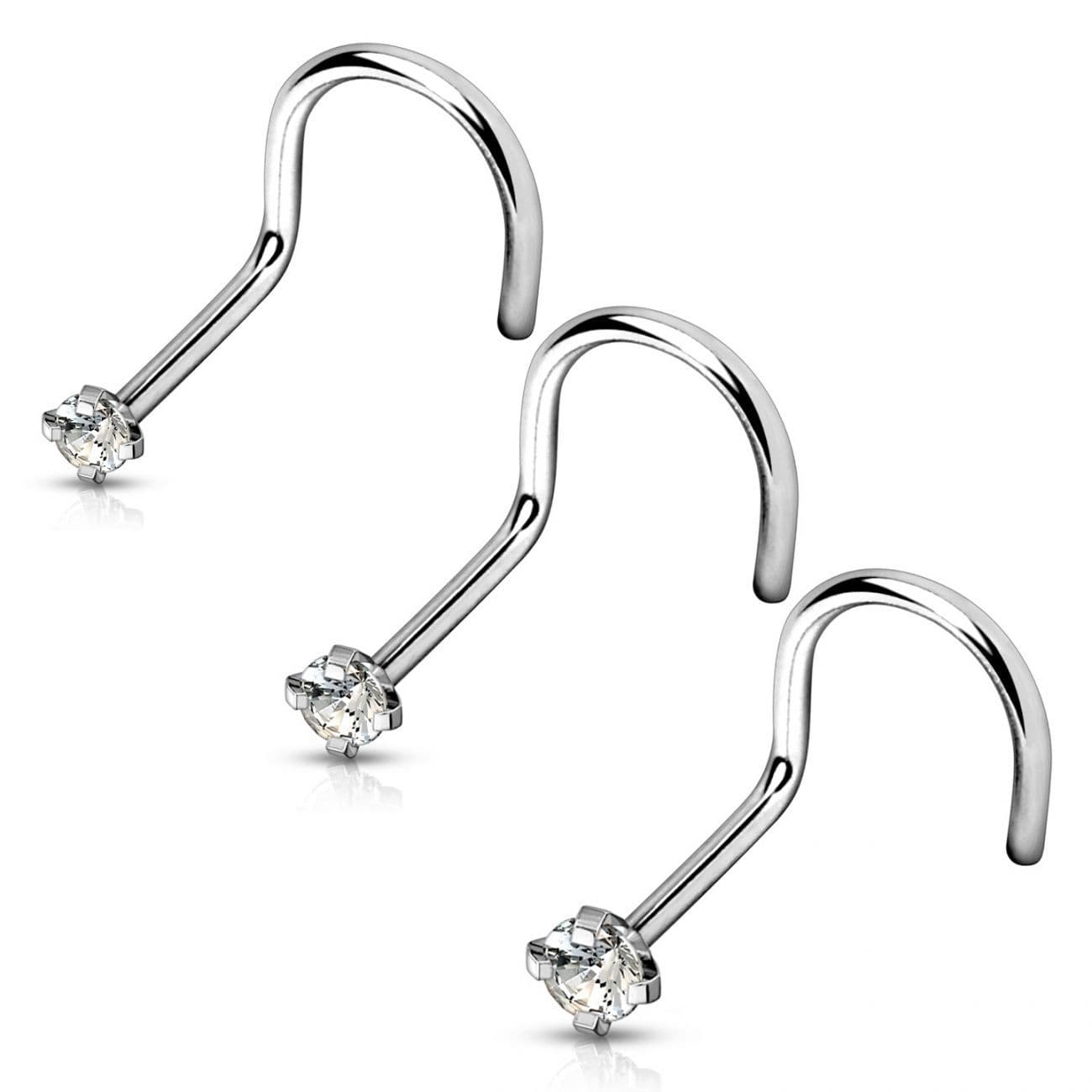 Zahnutý piercing do nosu - titan, čirý kamínek (čirá, 2 mm, 1,0 x 6 mm) - náhled 3