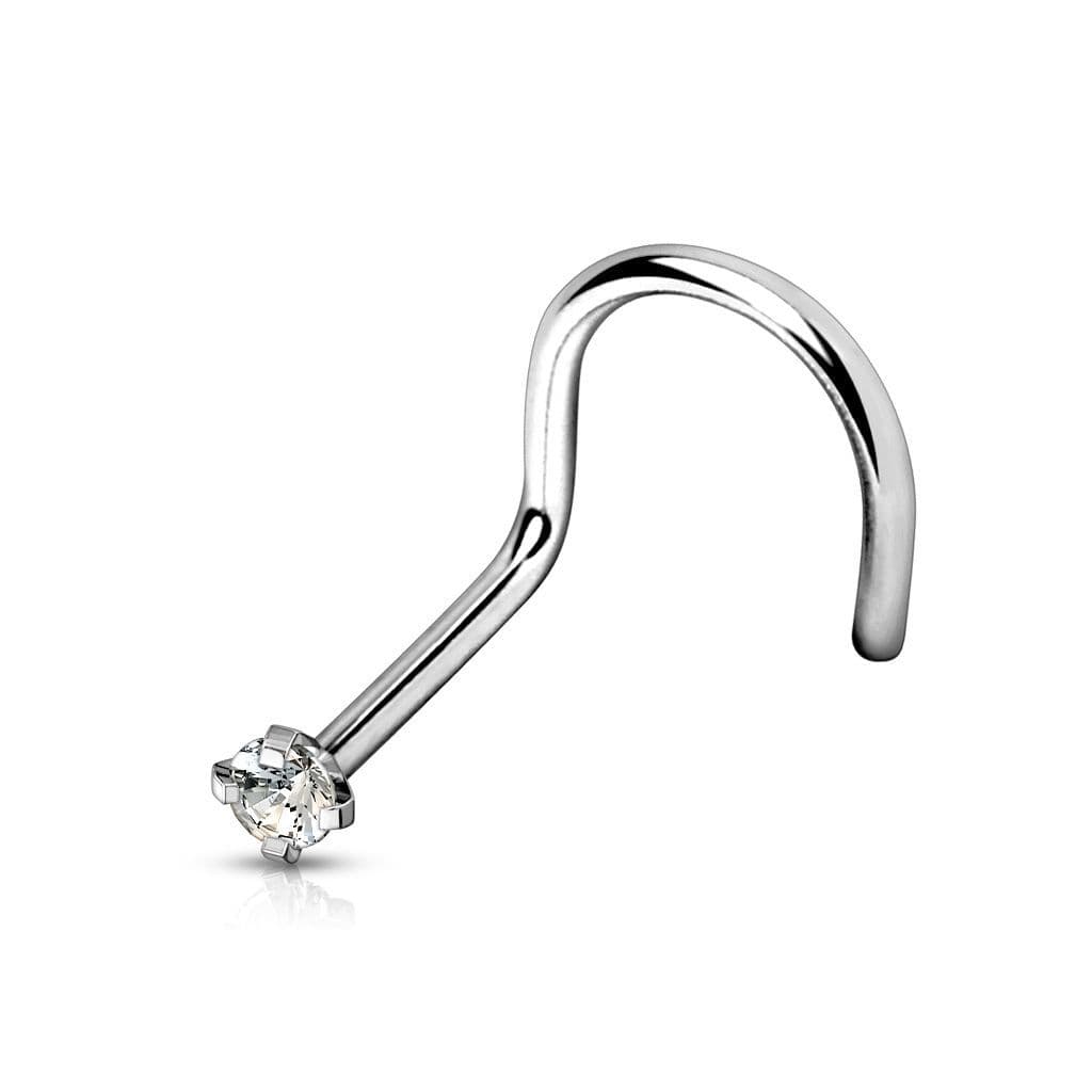 Zahnutý piercing do nosu - titan, čirý kamínek (čirá, 2 mm, 1,0 x 6 mm) - náhled 1