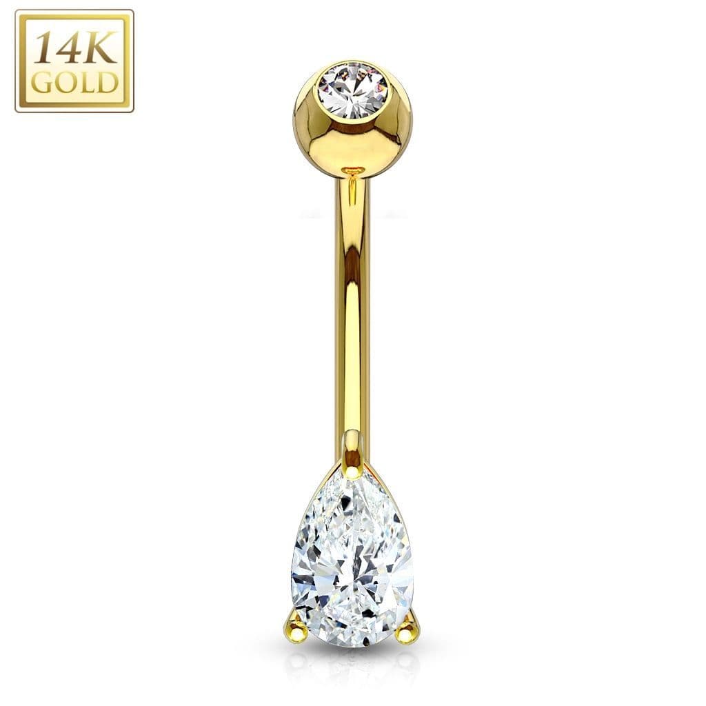 Zlatý piercing do pupíku - zirkon ve tvaru kapky, Au 585/1000 - ZL01086-YG