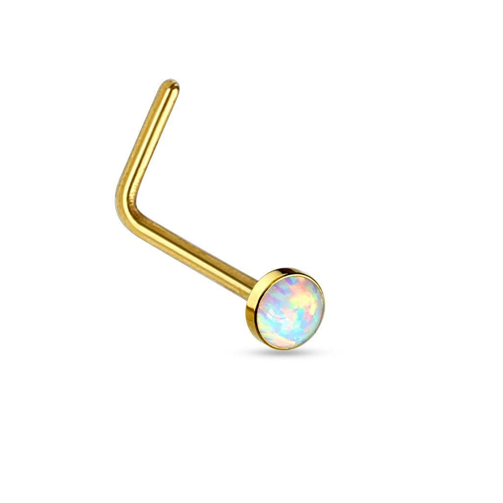 Zlacený zahnutý piercing do nosu - opál - N0013