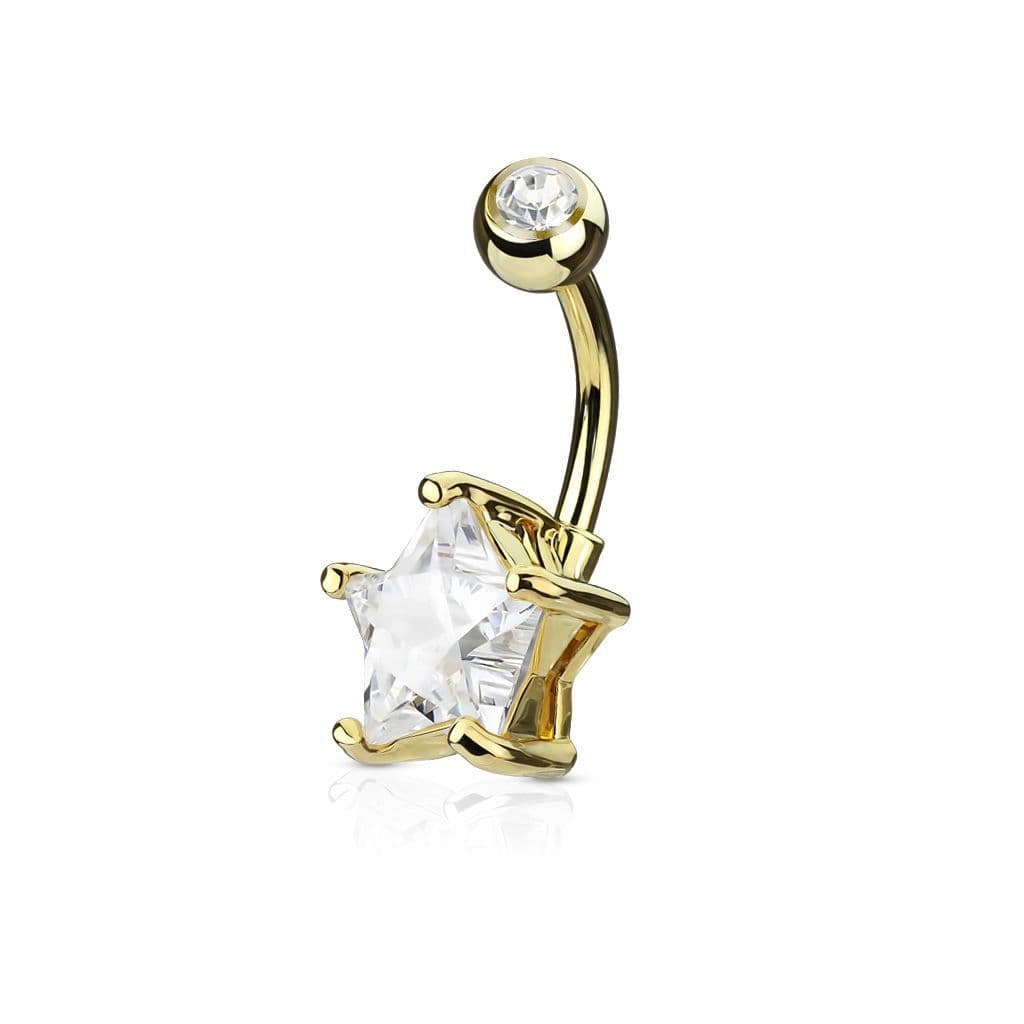 Zlacený piercing do pupíku hvězda, čirý kámen 10 mm - WP01049-GDC