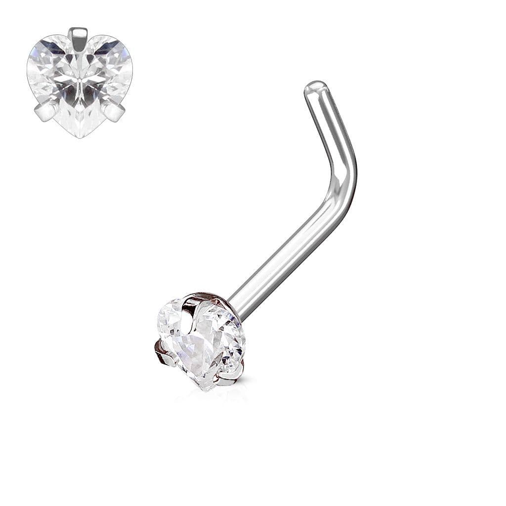 Zahnutý piercing do nosu srdíčko, čirý kamínek - N0068-C