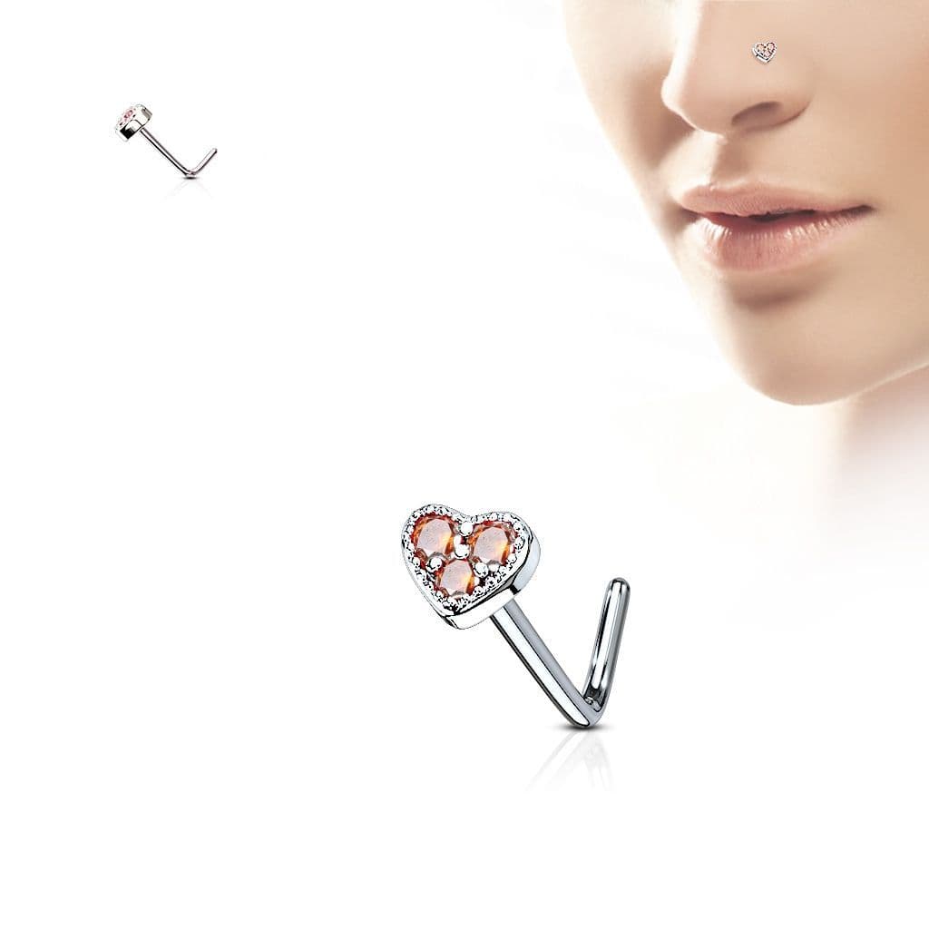 Piercing do nosu srdíčko, červené kamínky - N0087-R